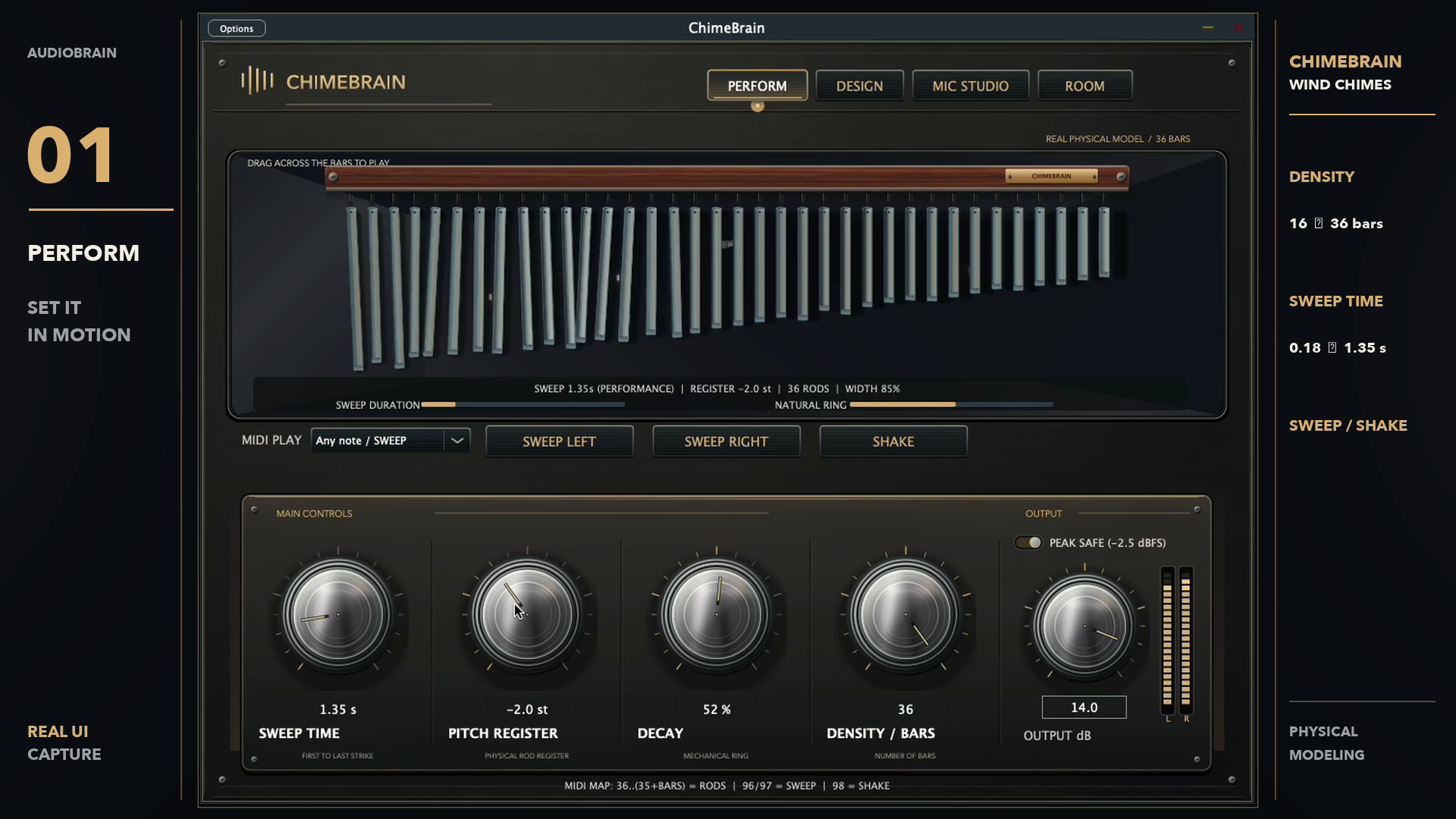 Actual photorealistic ChimeBrain instrument interface showing wind-chime bars and microphone studio controls